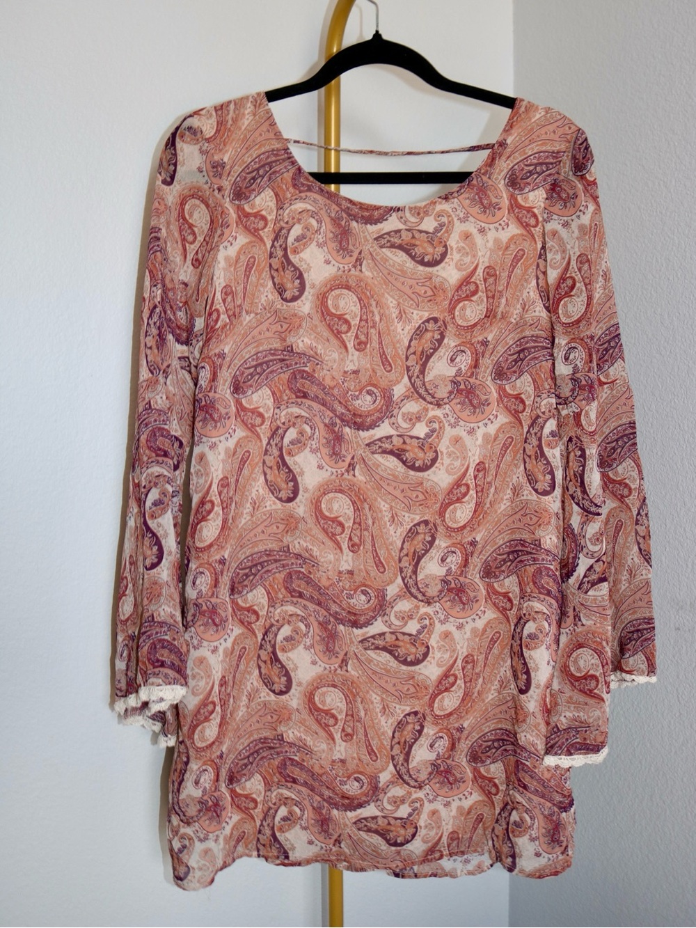 Xhilaration Boho Paisley Mini Dress Open Back Bell Sleeve Earthy 70s Groovy S